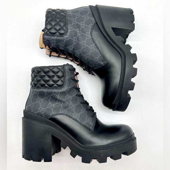 Gucci Apollo GG Monogram Canvas Black Leather Samoa Trip Combat Boots EU 40 US10 - Picture 5 of 13